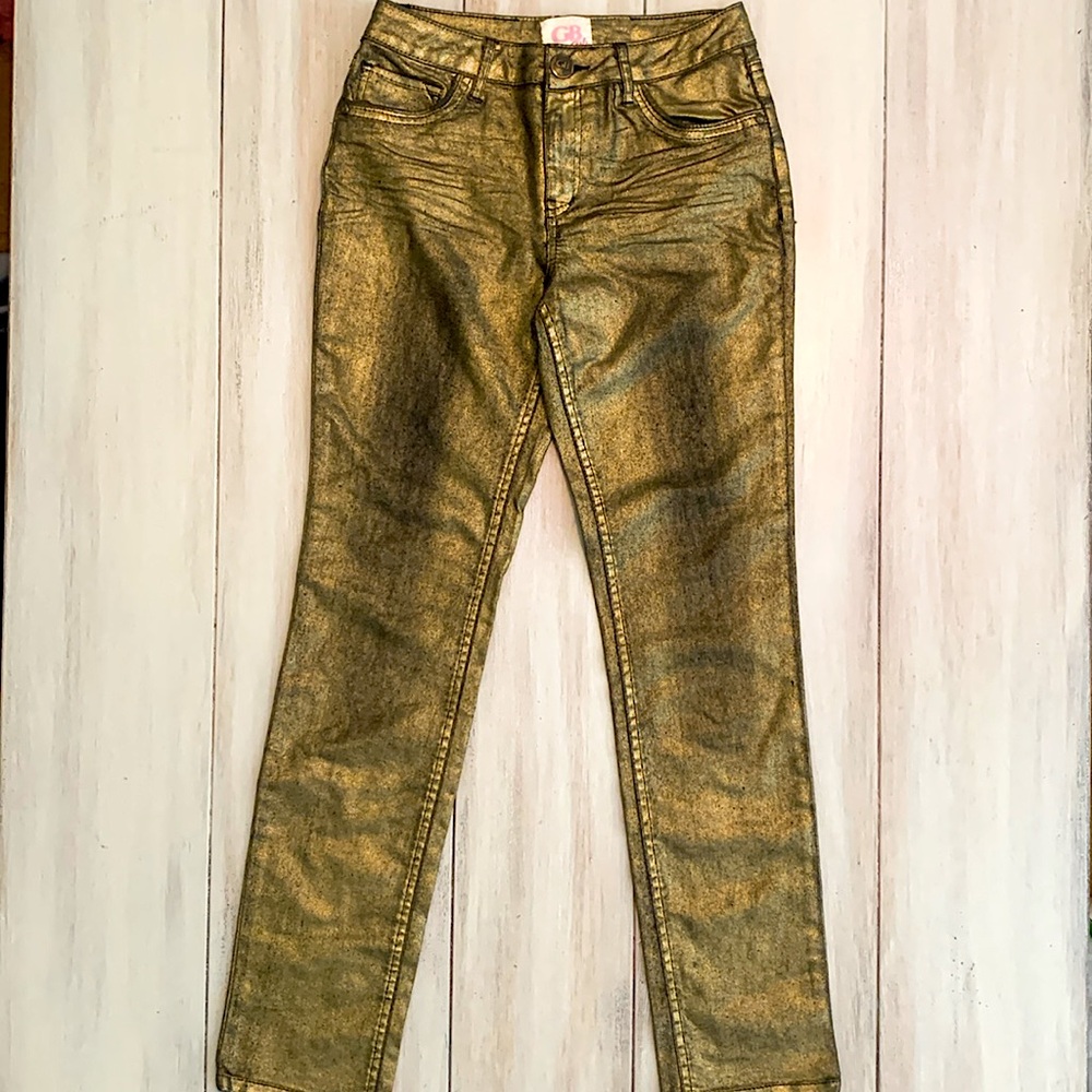 LIKE NEW! GB Girls Gold Black Distressed Jeans Straight Leg Stretch Size 14